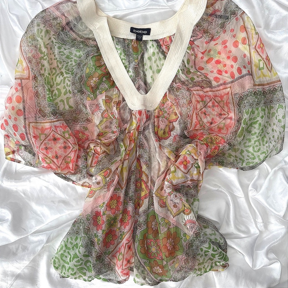Bebe Silk Blend Sheer Patchwork Paisley Floral Print V-Neck Blouse Small